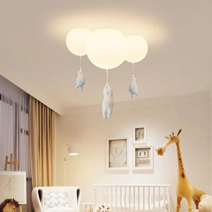 Lampa sufitowa dla dzieci — zawieszone misie na świecących balonach 